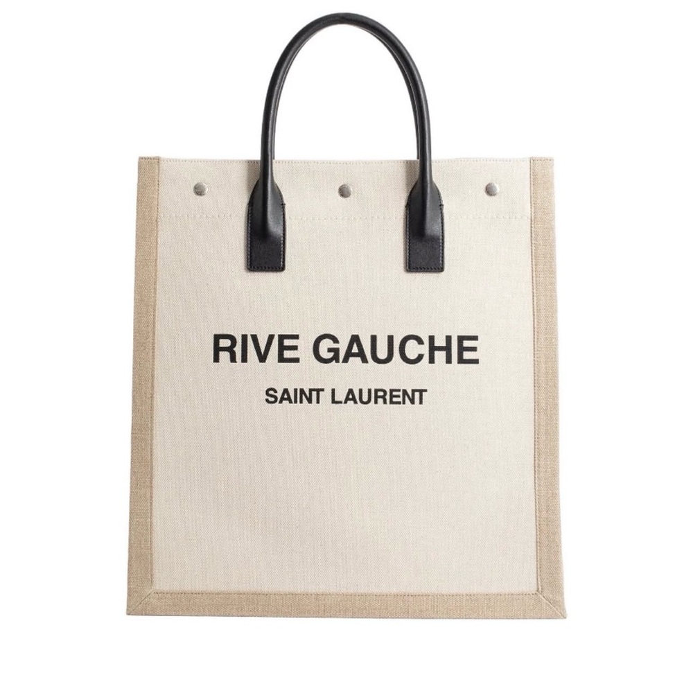 Saint Laurent Black Logo Canvas Tote with Tan Trim